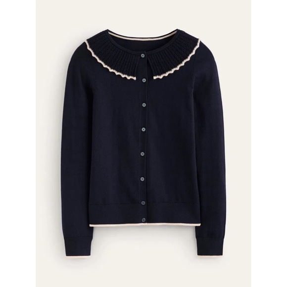 BODEN Frill Collared Wool Blend Cardigan Sweater Navy Blue White Preppy X-Small - Picture 11 of 16